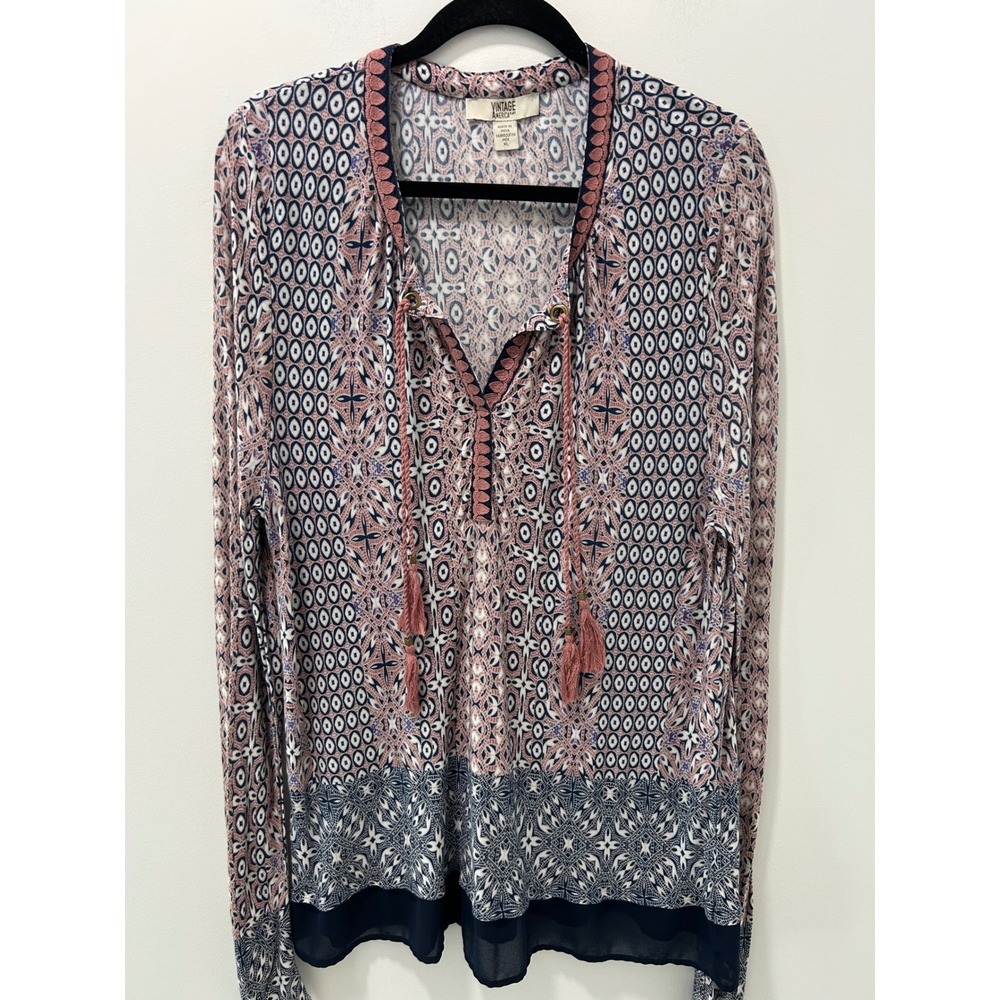 Vintage America Blues Womens XL Boho Tassel Tunic Blouse Pink Navy Geometric